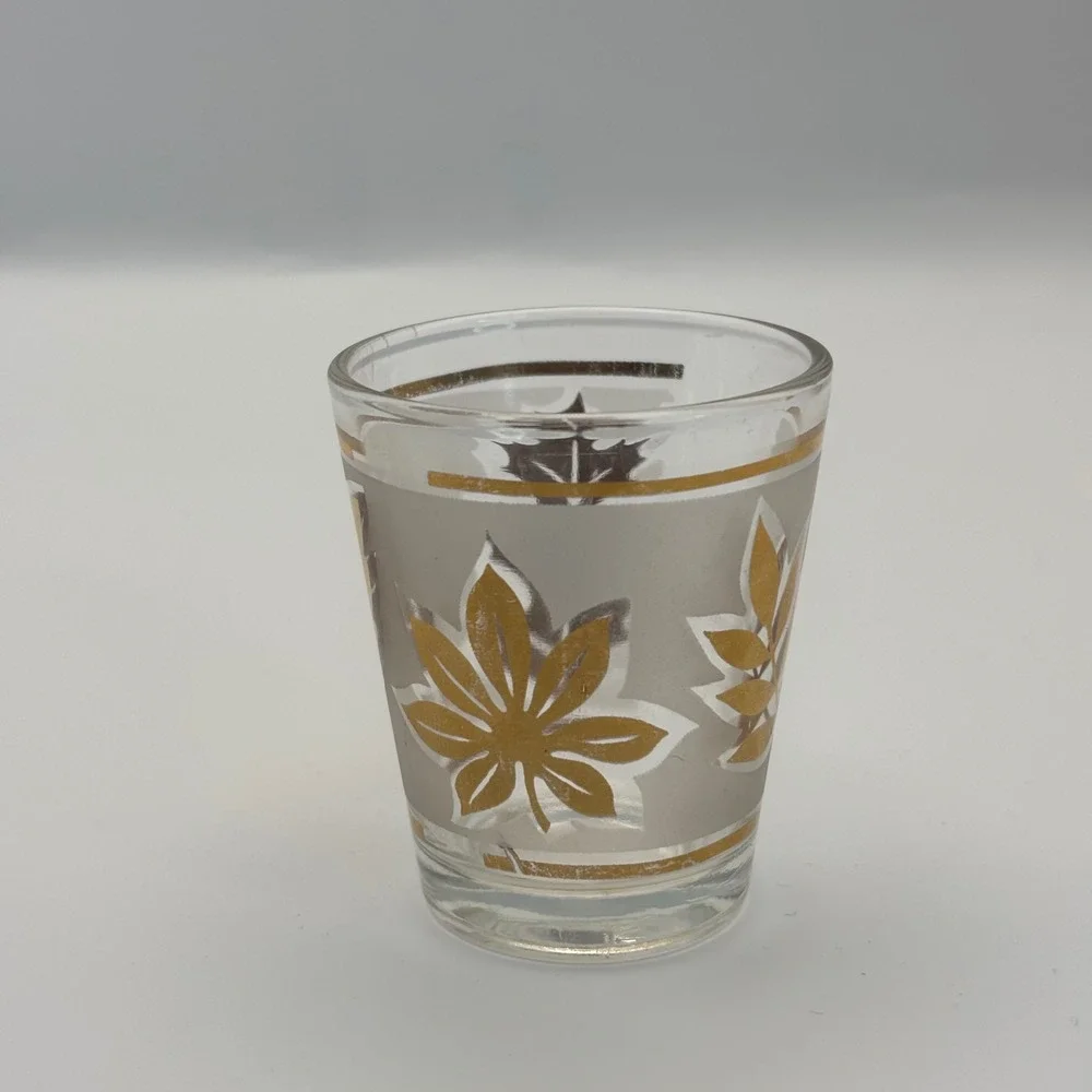 Vintage Floral Shot Glass Gold Frosted Leaves‎ Barware Clear Drinking Glass